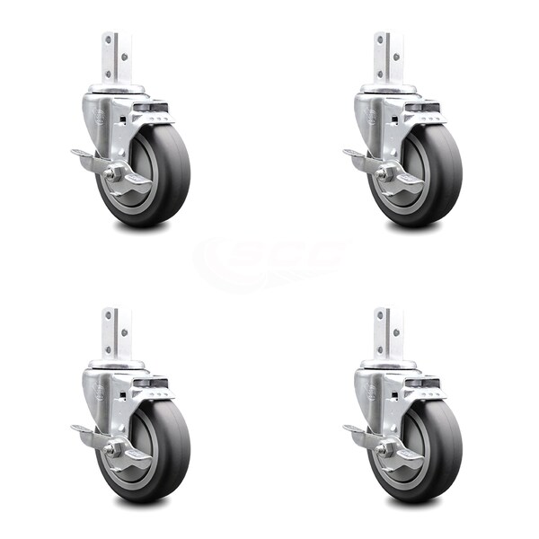 4 Inch Thermoplastic Rubber Swivel 7/8 Inch Square Stem Caster Set with Brake